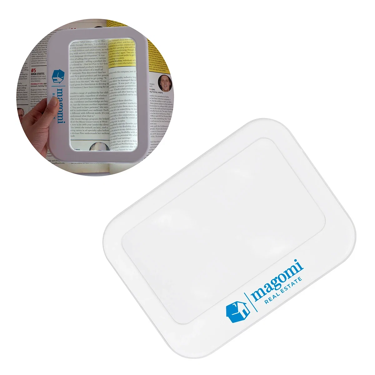 Custom Best Buddy Tools 3X Full-Page LED Lighted Magnifier, front view of the branded magnifier