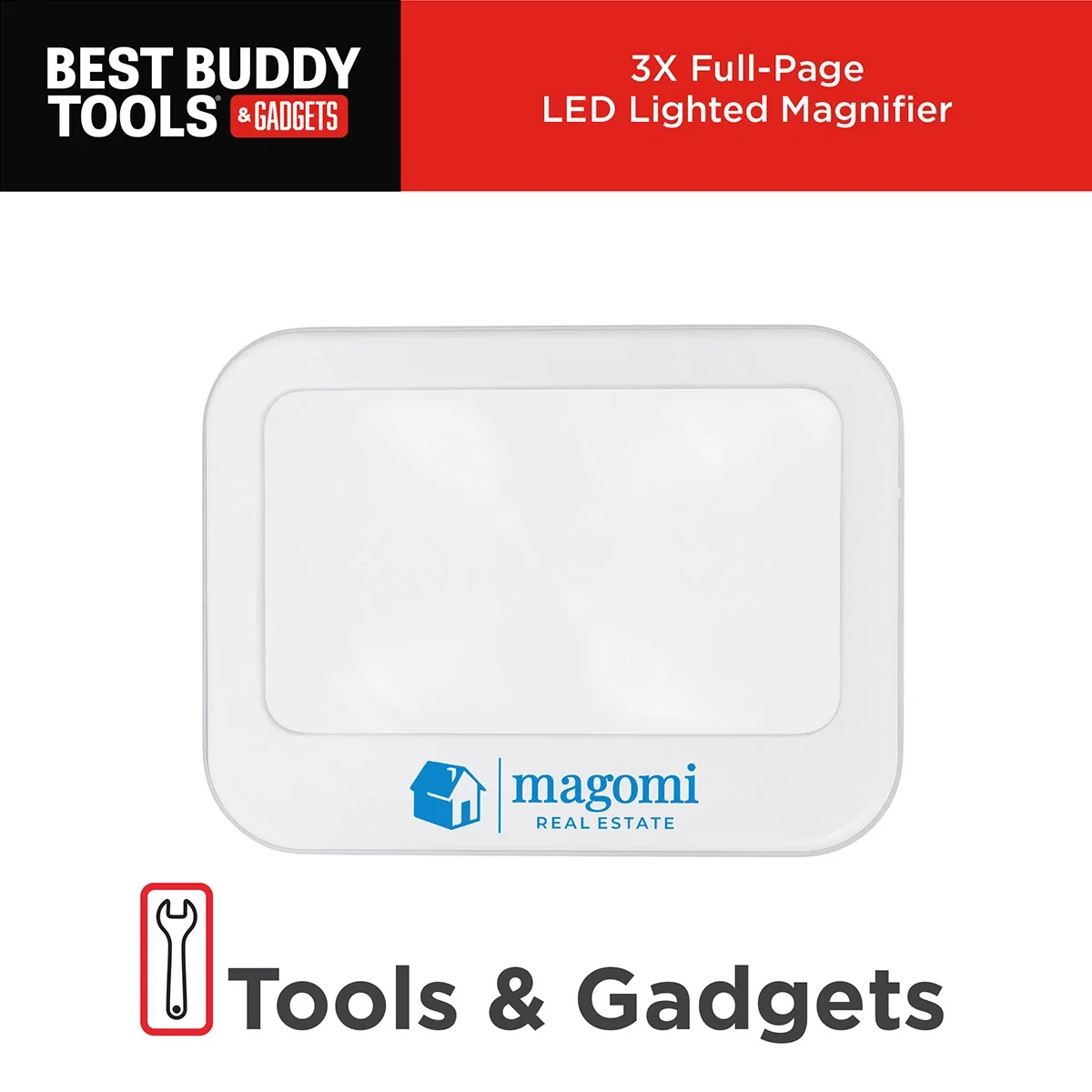 Side profile of the promotional 3X Full-Page LED Lighted Magnifier showing the handle grip