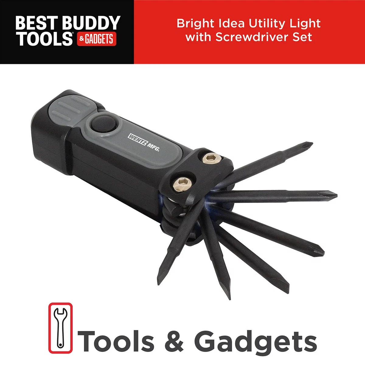 Custom branded LED screwdriver set with bits laid out, angled view