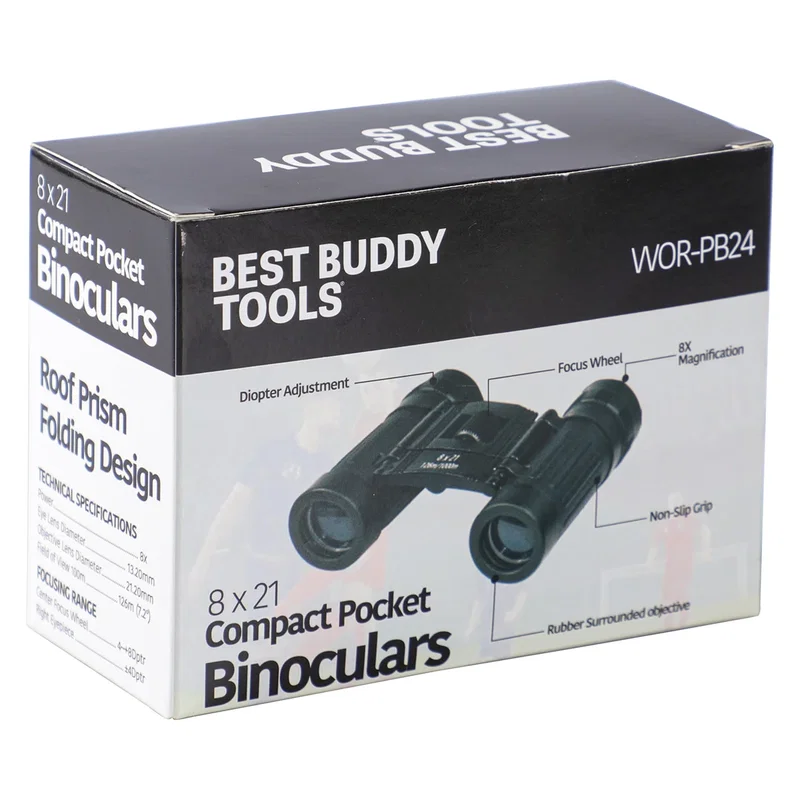 Custom Best Buddy Tools 8x21 Compact Pocket Binocular in its retail packaging box