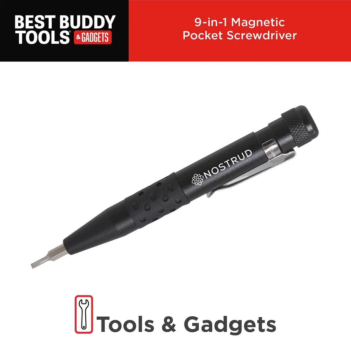 Branded Best Buddy Tools Pocket Screwdriver with its bit set fanned out, promotional shot