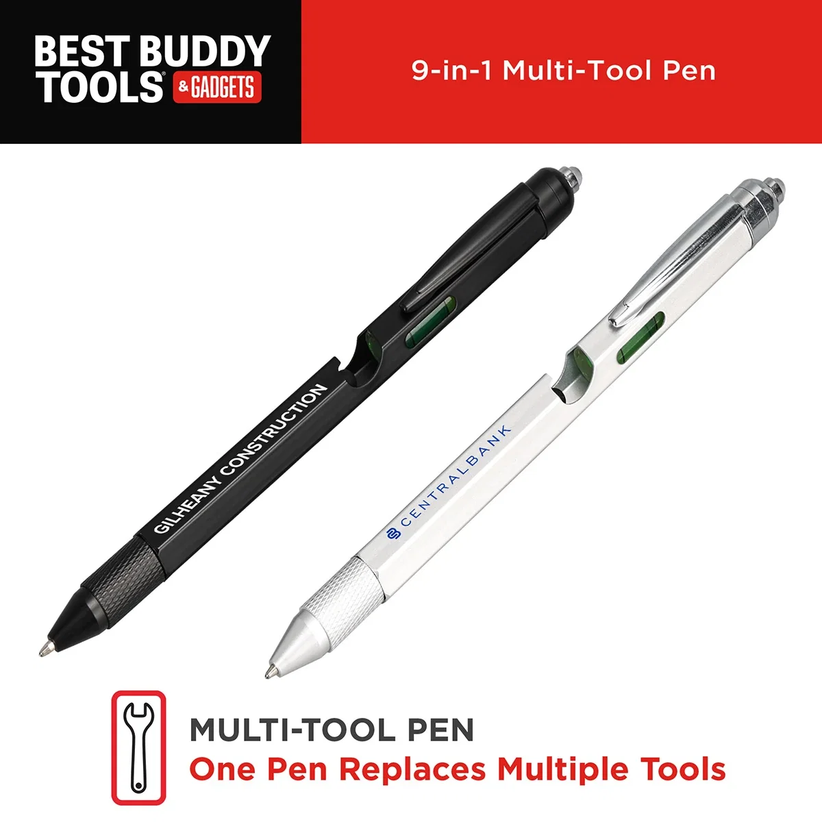 Best Buddy Tools 9-in-1 Multi-Tool Pen with its tools extended, promotional pen in use