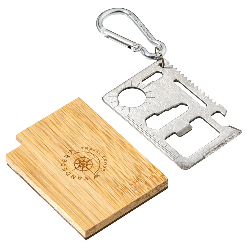 Branded Best Buddy Tools Multi-Tool clipped to a backpack via its carabiner, promotional shot