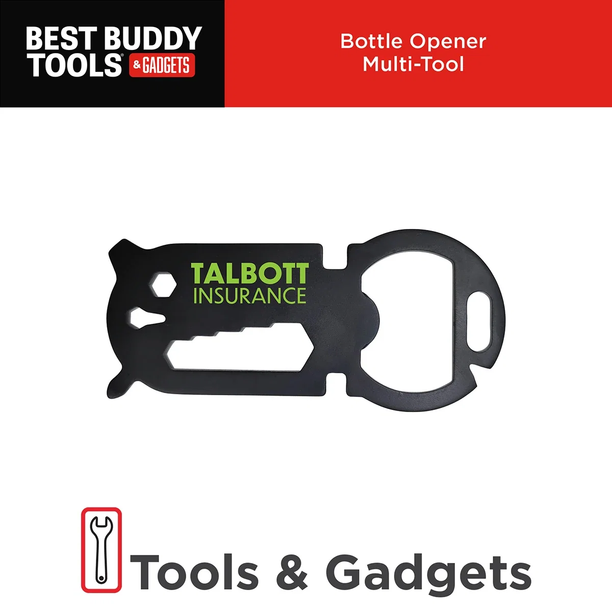 Branded Best Buddy Tools Bottle Opener opening a bottle, promotional multi-tool in use