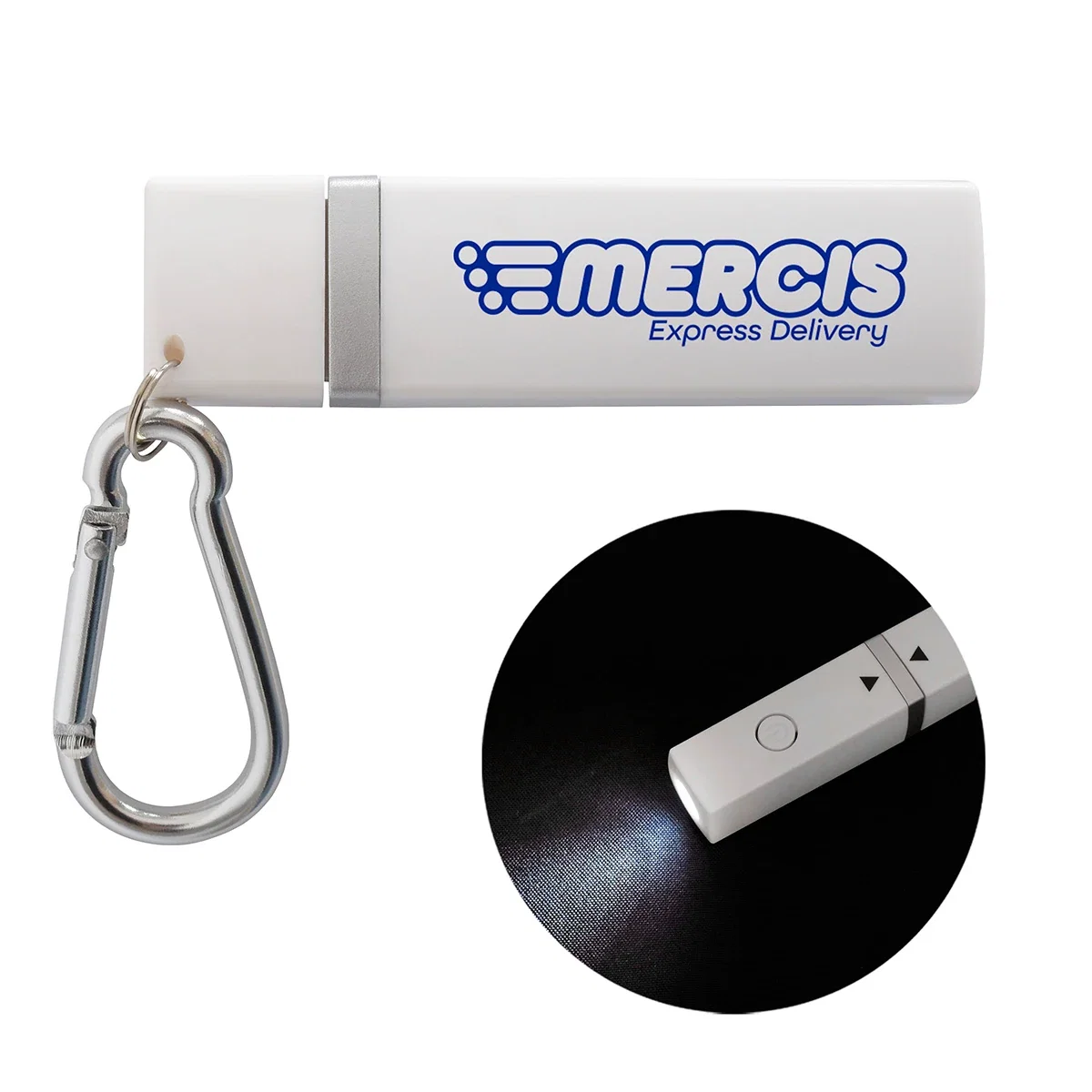 Custom Best Buddy Tools Carabiner Alarm LED Key Light, front view of the branded key light