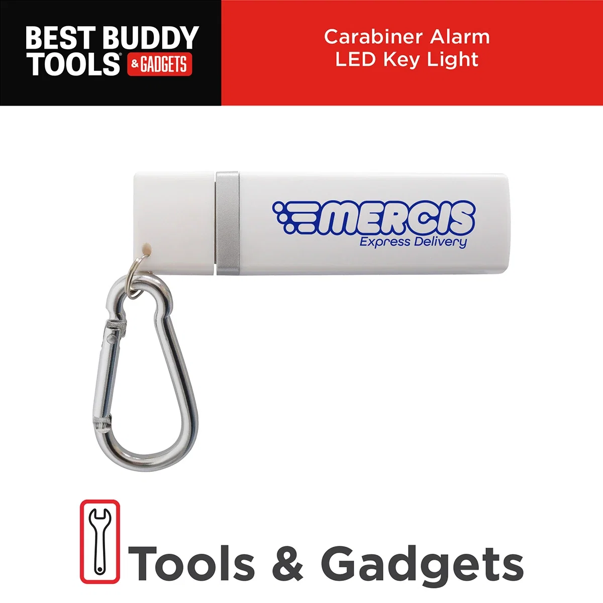 Best Buddy Tools carabiner alarm LED key light shown against the brand's product banner