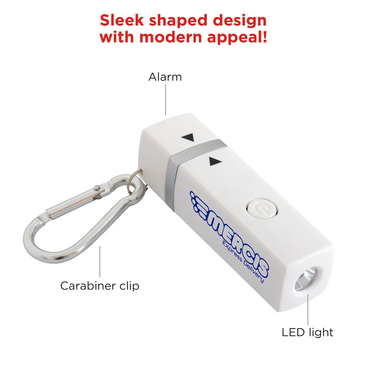 Close-up of the carabiner key light's alarm button and LED area