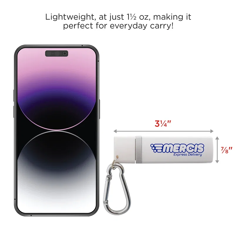 Size comparison of the key light next to a smartphone, showing its compact 3 1/4 inch length