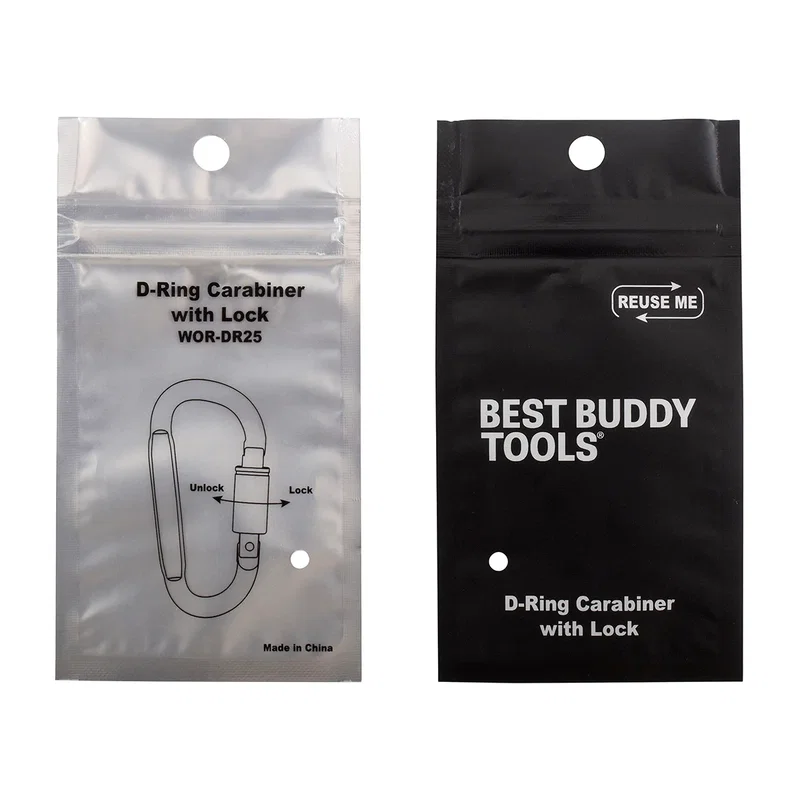 Retail packaging for the Best Buddy Tools D-Ring Carabiner with Lock