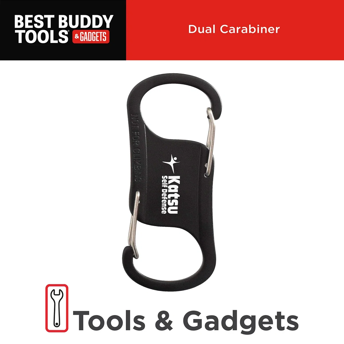 Close-up of the Best Buddy Tools Dual Carabiner's logo imprint area