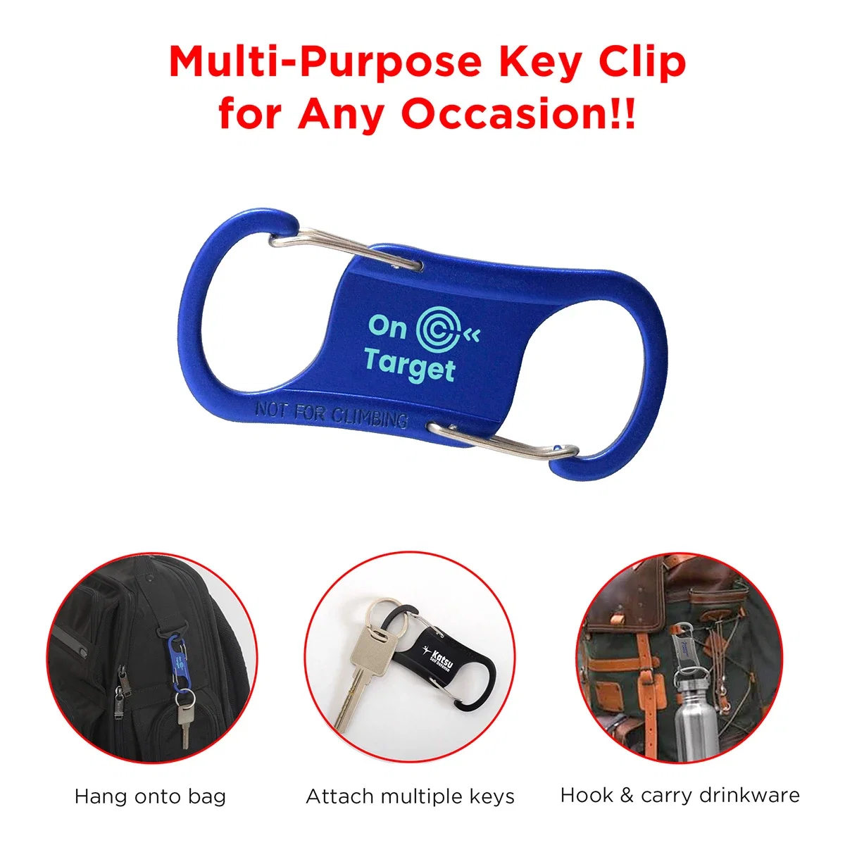 Best Buddy Tools Dual Carabiner clipped onto a backpack strap, in-use shot
