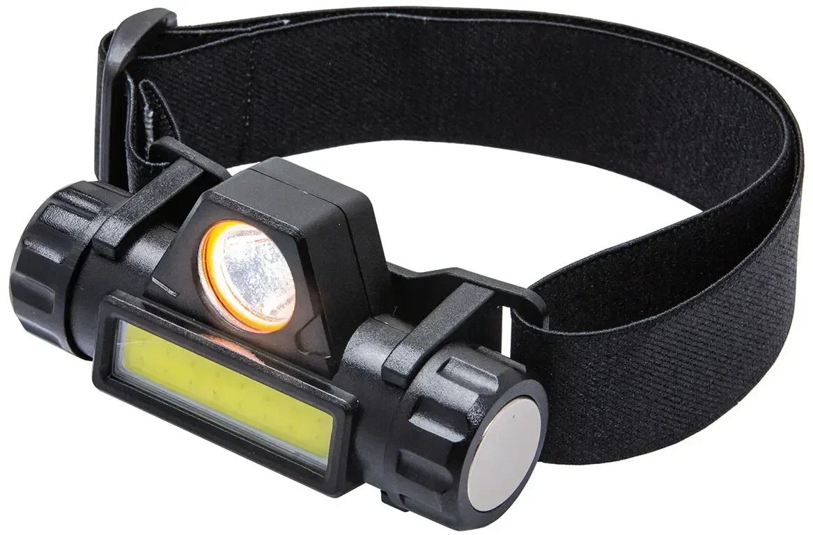 Promotional Nightline COB headlamp front view showing dual COB and LED bulbs