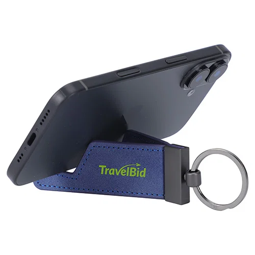 Promotional Best Buddy key ring propping up a phone, custom branded keychain phone stand in use