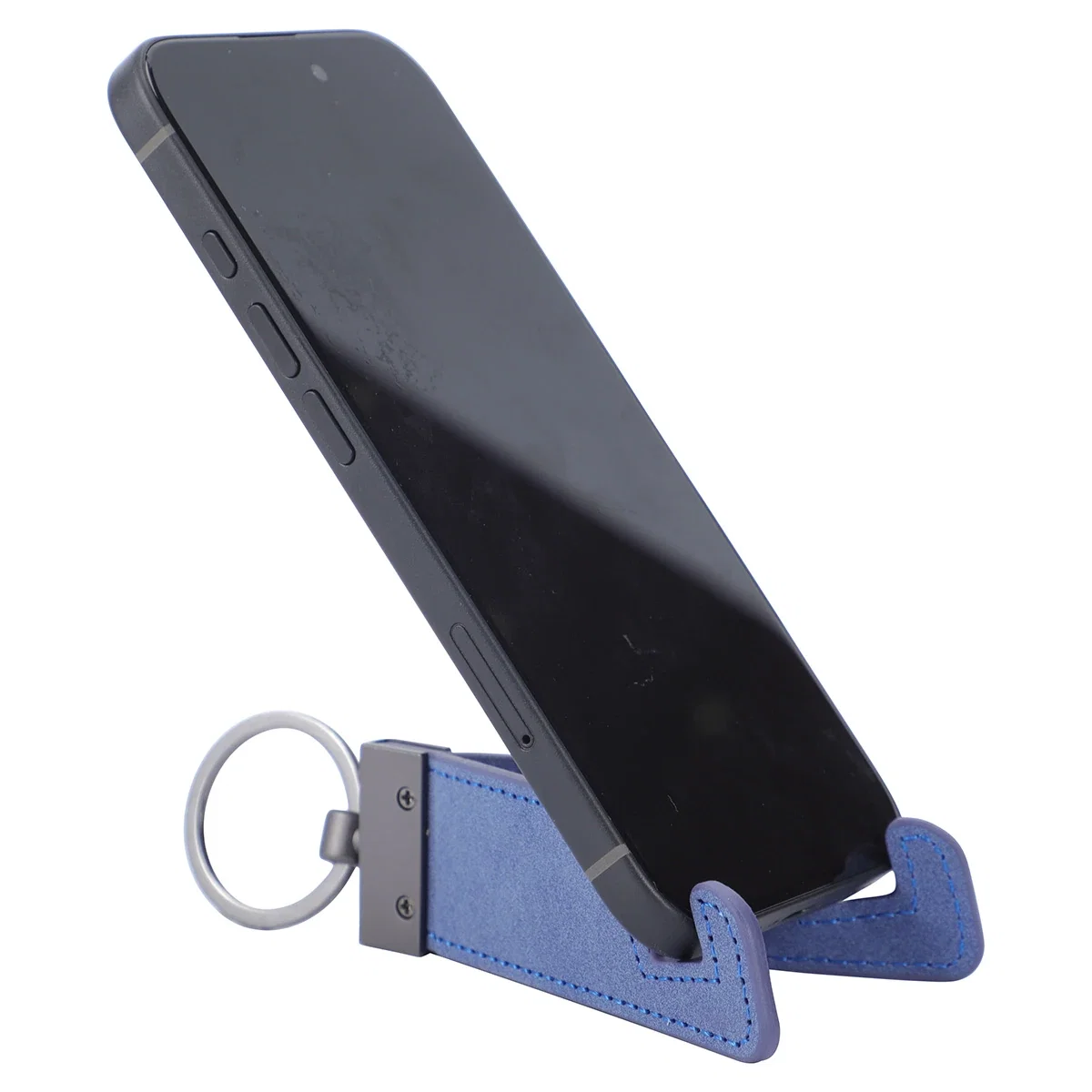 Close-up of Best Buddy key ring phone stand, custom branded promotional keychain holder detail