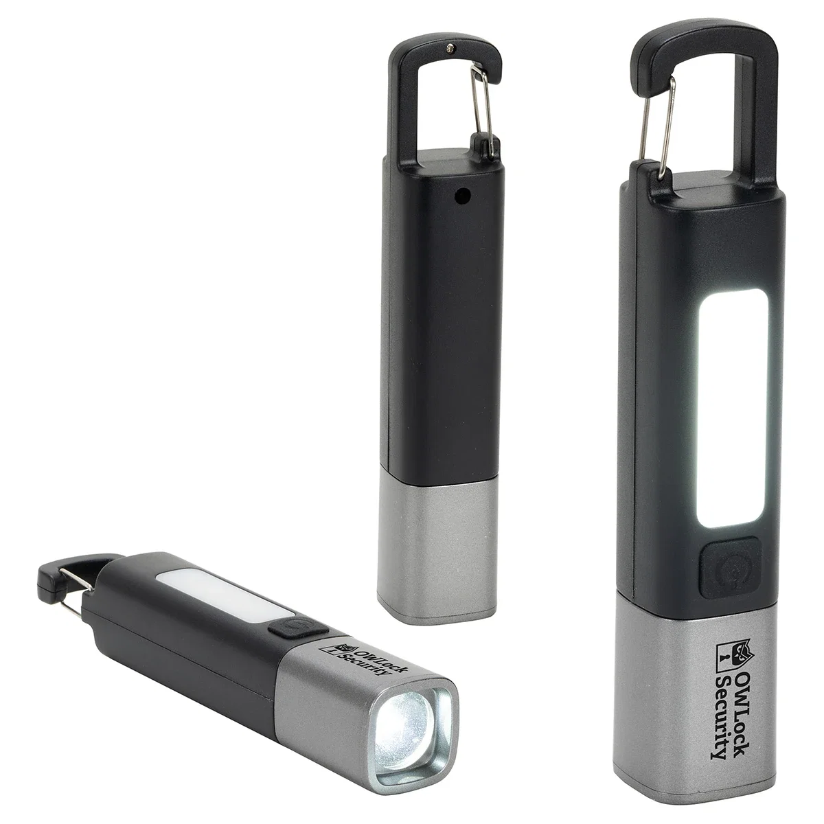 Custom Best Buddy Tools Rechargeable Carabiner LED Flashlight, front view of the branded flashlight