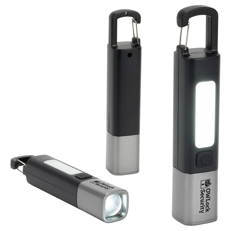 Custom Best Buddy Tools Rechargeable Carabiner LED Flashlight, front view of the branded flashlight