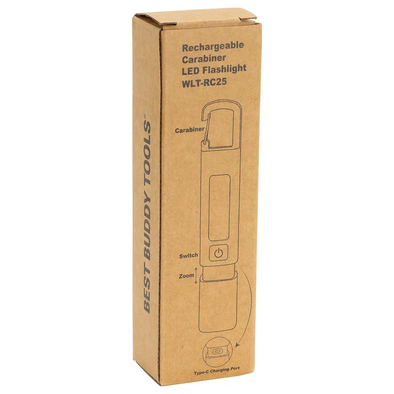 Retail packaging for the custom Best Buddy Tools Rechargeable Carabiner LED Flashlight