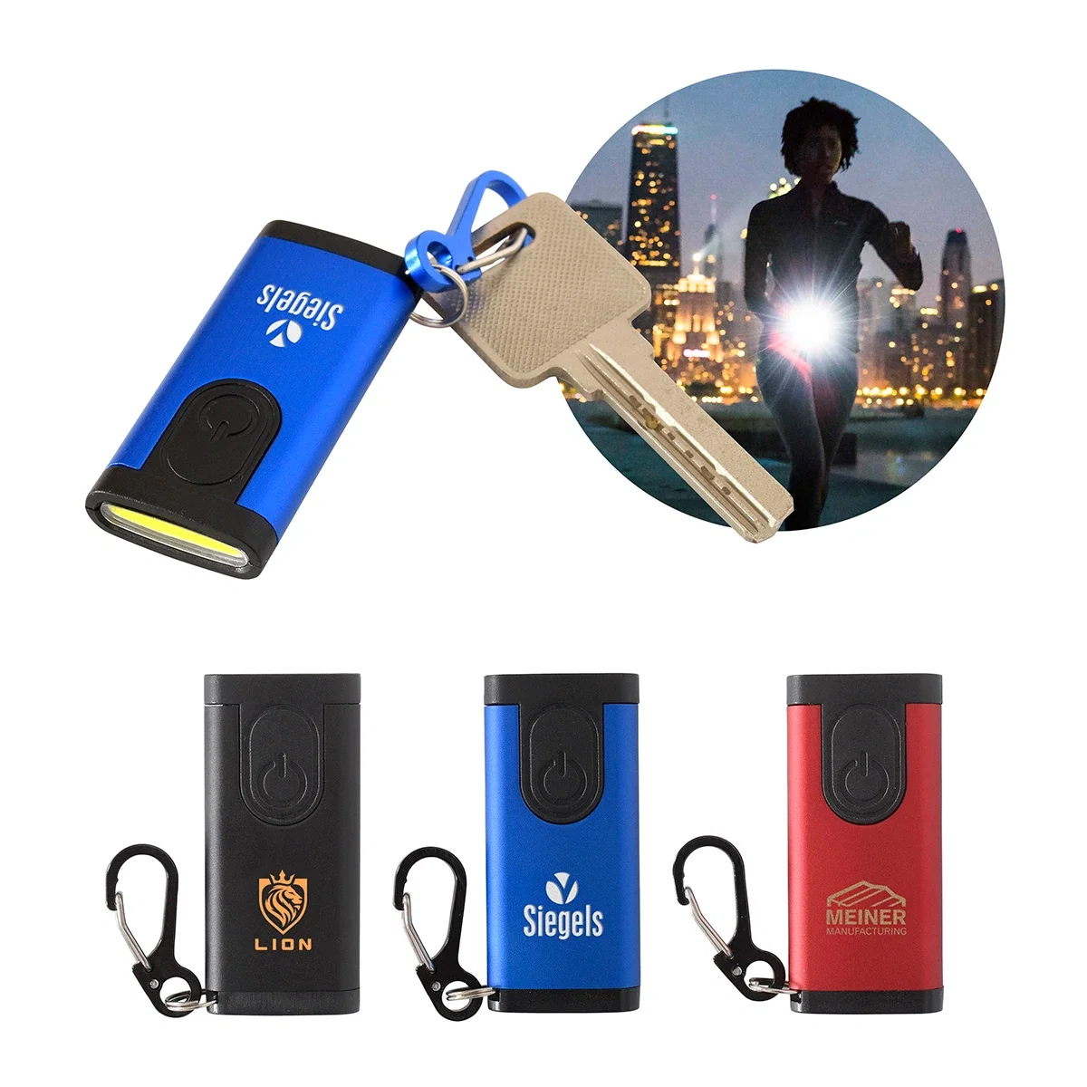 Custom Best Buddy Tools Rechargeable COB Key Light, front view of the branded keychain light