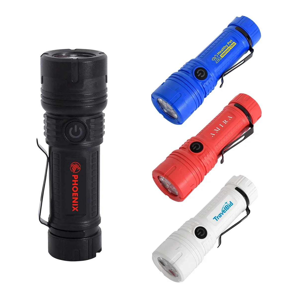 Custom Best Buddy Tools® Rechargeable LED Clip Flashlight, front view of the branded flashlight