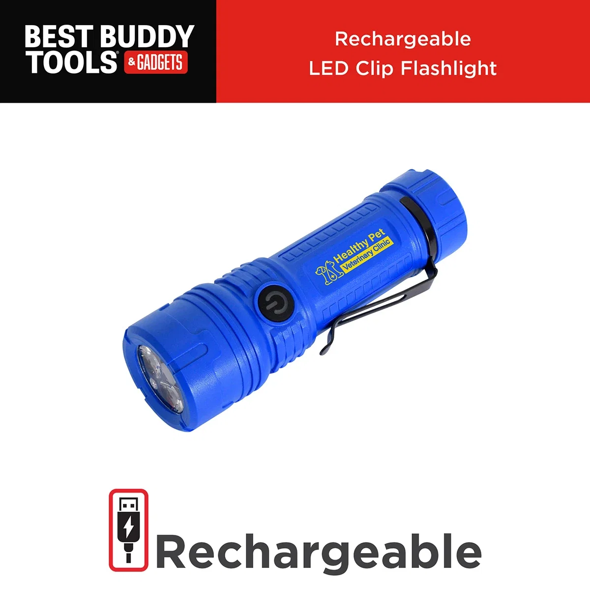 Best Buddy Tools® Rechargeable LED Clip Flashlight marketing graphic showing the blue flashlight angled beside a Rechargeable USB callout