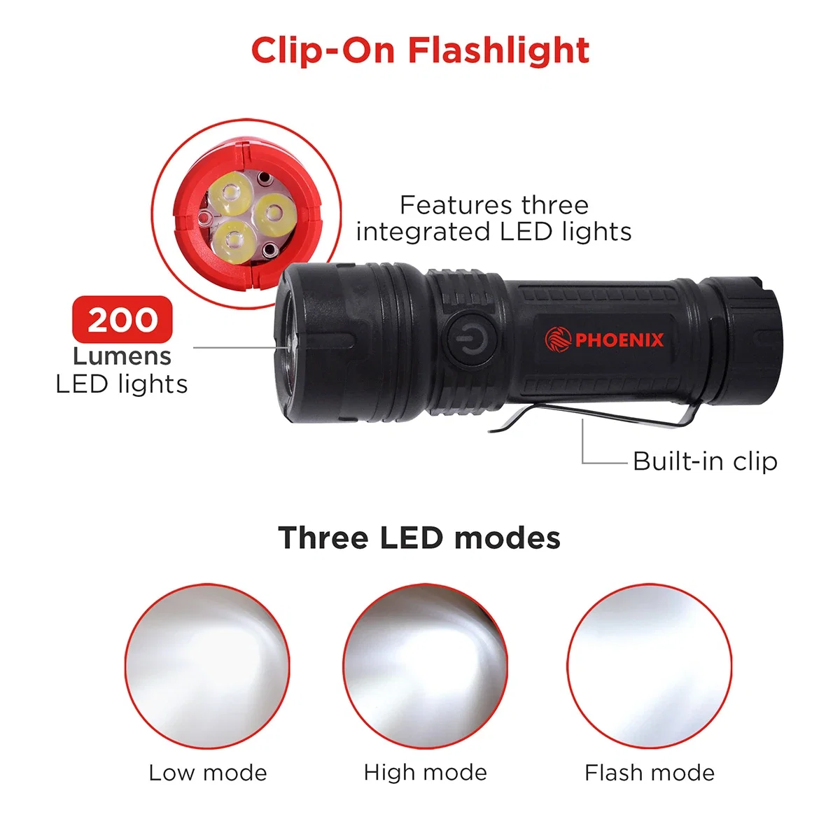 Infographic detailing the flashlight's 200-lumen output, three integrated LEDs, built-in pocket clip, and low, high, and flash light modes