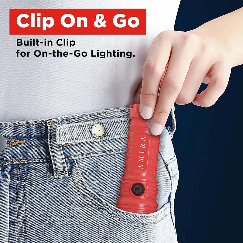 Red Best Buddy Tools® flashlight clipped inside a jeans pocket, demonstrating the built-in pocket clip