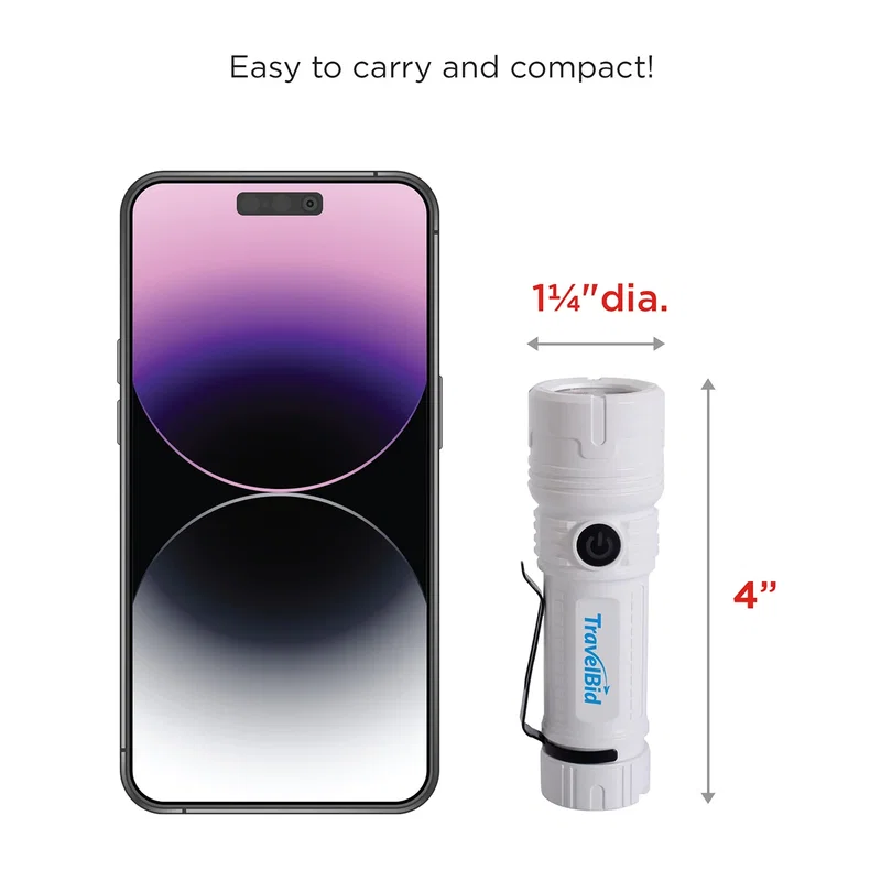 Size comparison of the white Best Buddy Tools® flashlight next to a smartphone, showing its 4-inch length and 1.25-inch diameter