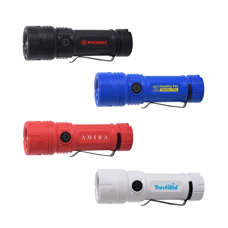 Four Best Buddy Tools® Rechargeable LED Clip Flashlights lined up in black, blue, red, and white color options