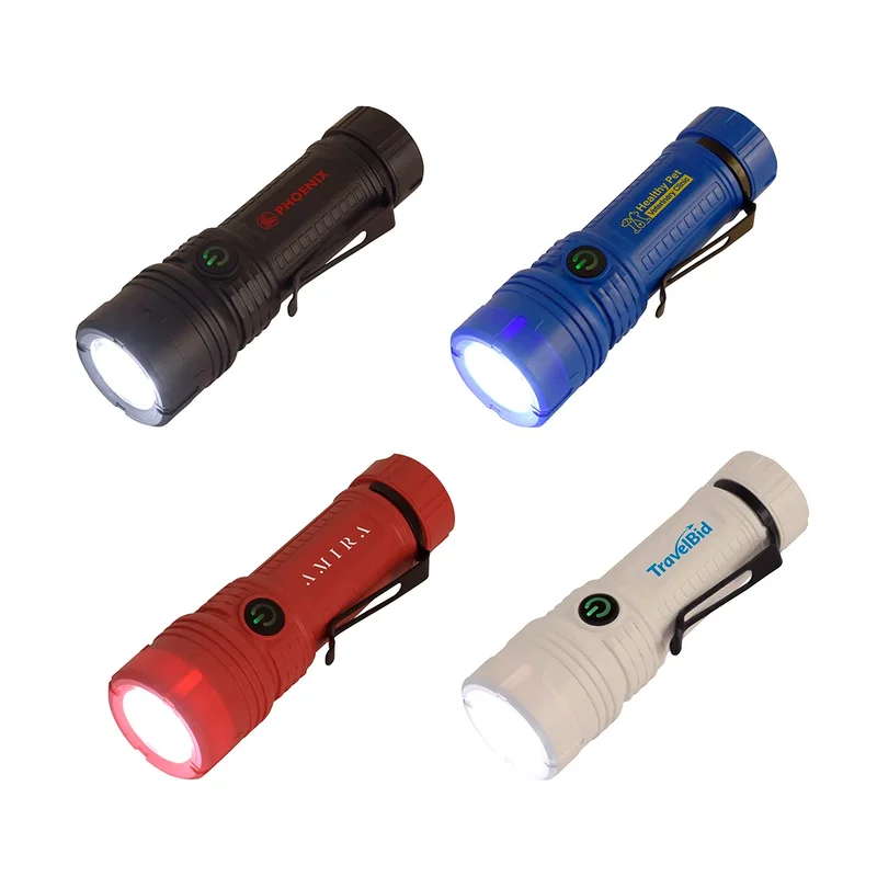 Four Best Buddy Tools® flashlights powered on with lenses lit, showing the beam in each black, blue, red, and white unit