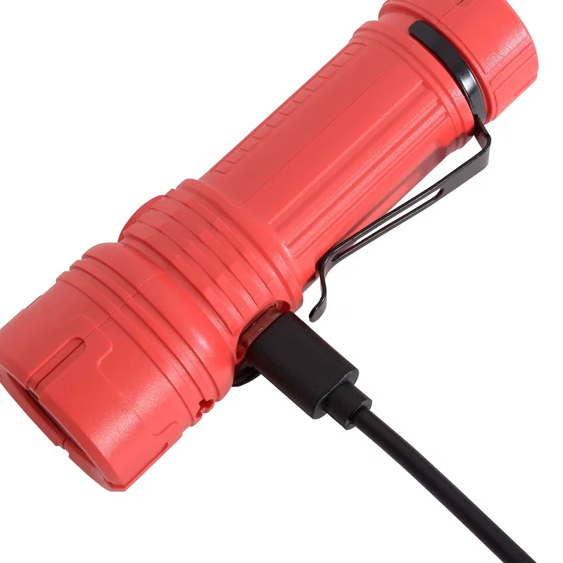 Close-up of the red Best Buddy Tools® flashlight's USB-C charging port with the included cable plugged in