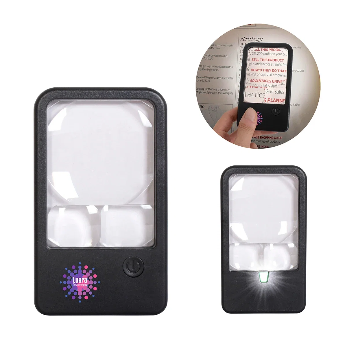 Custom Best Buddy Tools Rechargeable LED Pocket Magnifier, front view of the branded magnifier