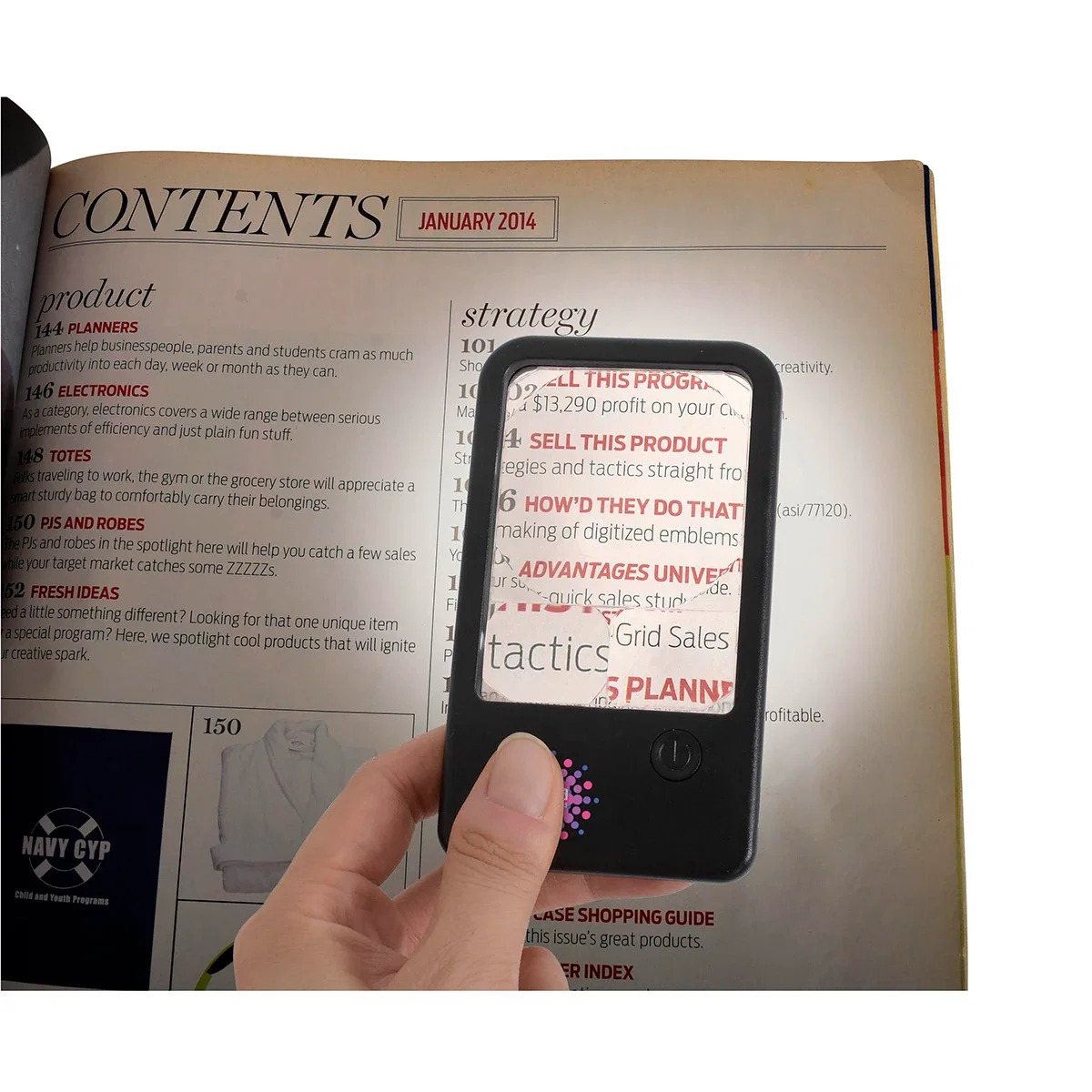 Side profile of the promotional Rechargeable LED Pocket Magnifier showing its slim body