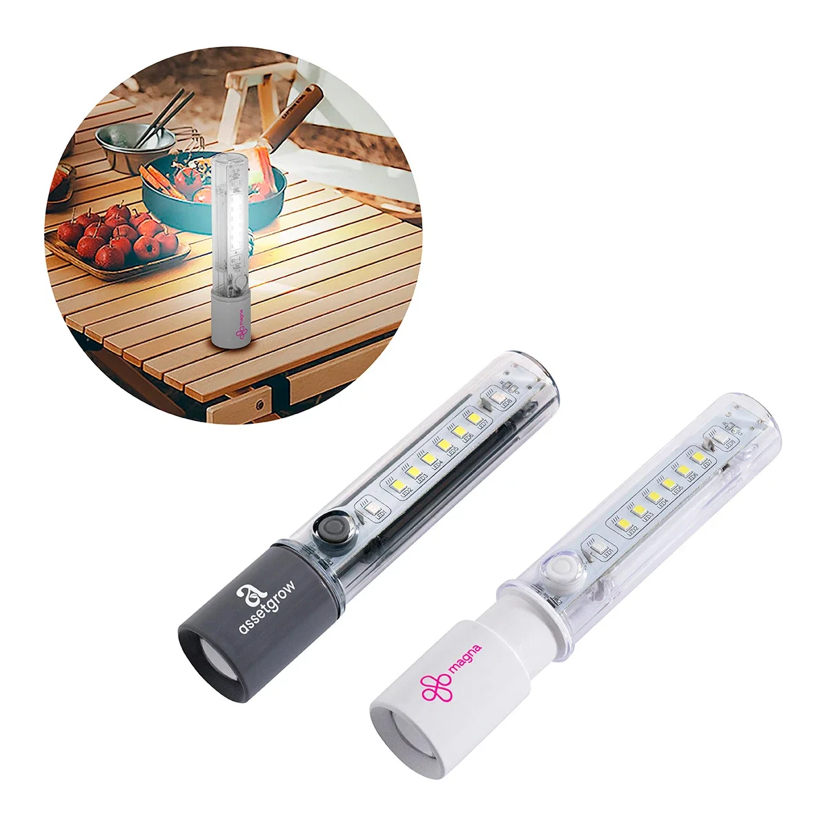 Custom Best Buddy Tools Rechargeable Multi-Mode Zoom Flashlight, front view of the branded flashlight