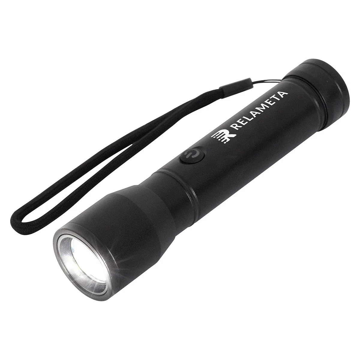 Custom Best Buddy Tools Rechargeable Super Beam Aluminum Flashlight, front view of the branded flashlight