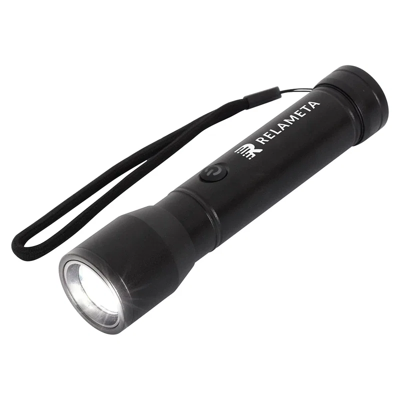 Custom Best Buddy Tools Rechargeable Super Beam Aluminum Flashlight, front view of the branded flashlight