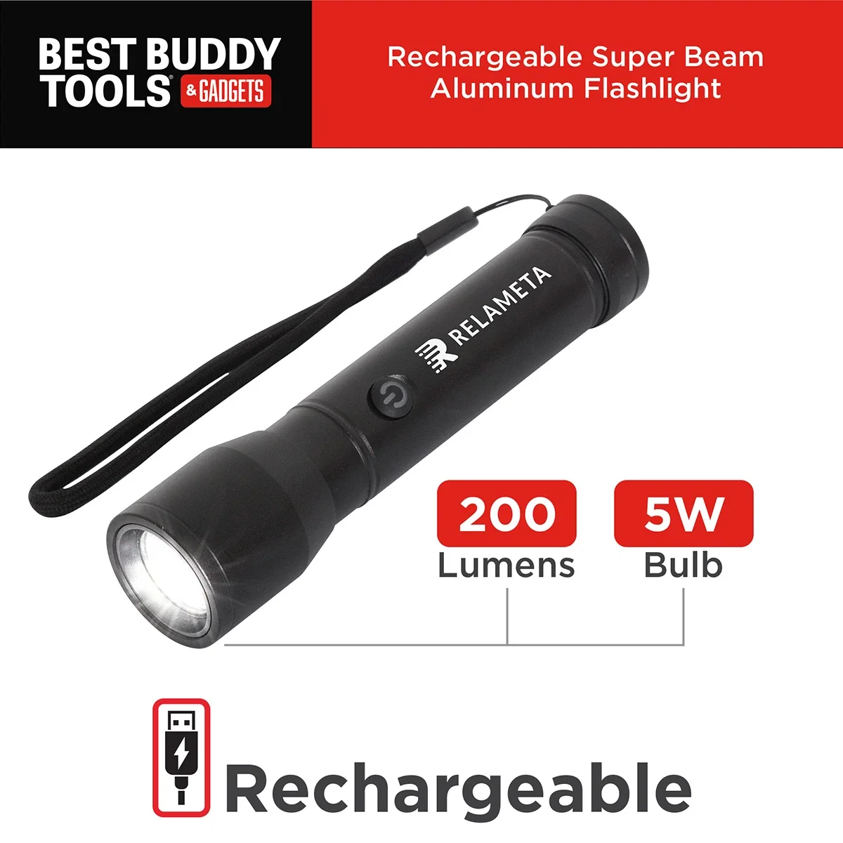 Close-up of the custom Best Buddy Tools Super Beam flashlight's logo imprint area