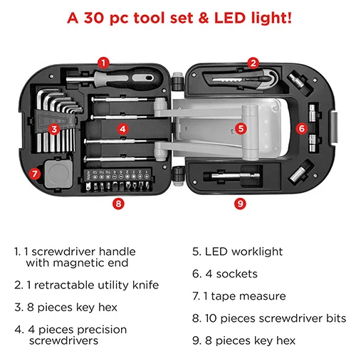 Best Buddy 30-piece promotional logo tool set open to show all pieces