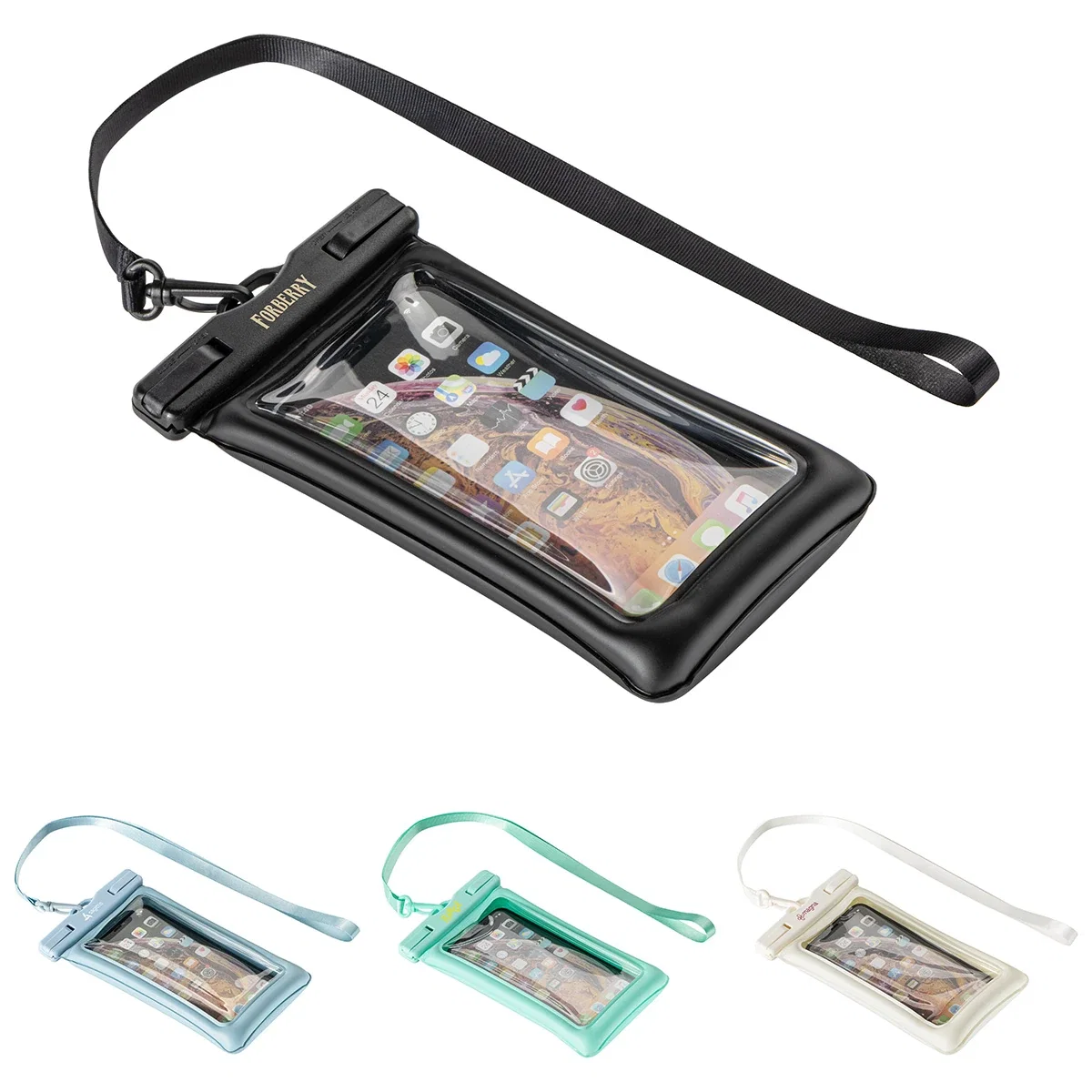 Custom Best Buddy Tools Seahorse waterproof phone pouch, front view of the branded TPU case
