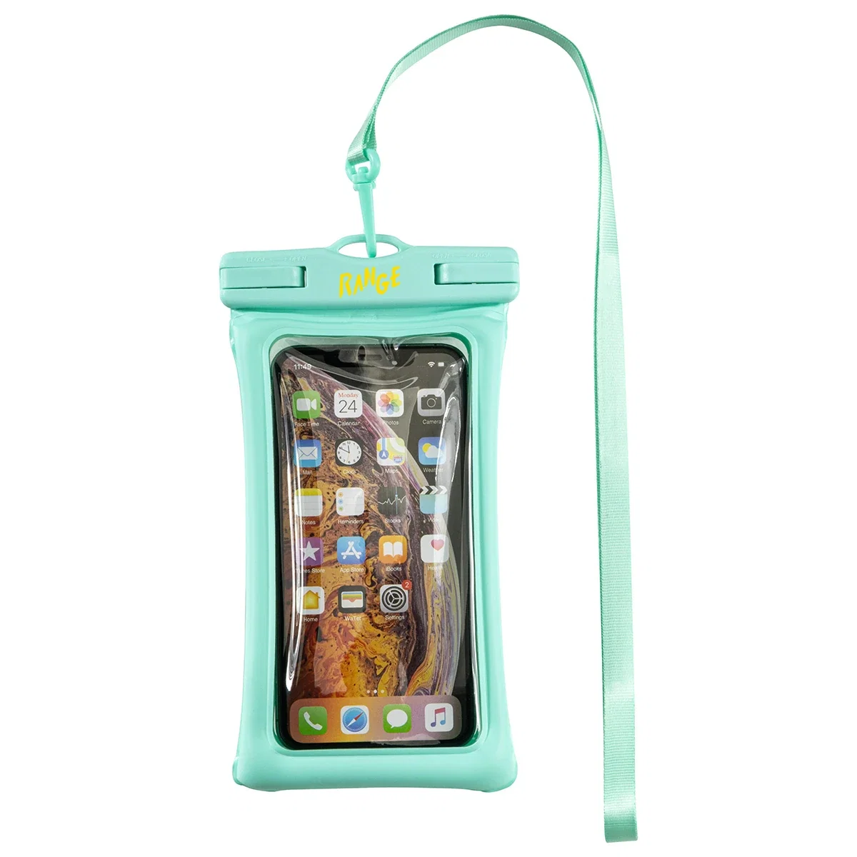 Seahorse waterproof TPU phone pouch floating in water with a smartphone inside, lifestyle shot