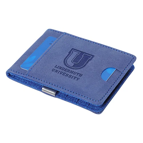 Branded money clip wallet showing card slots and clip