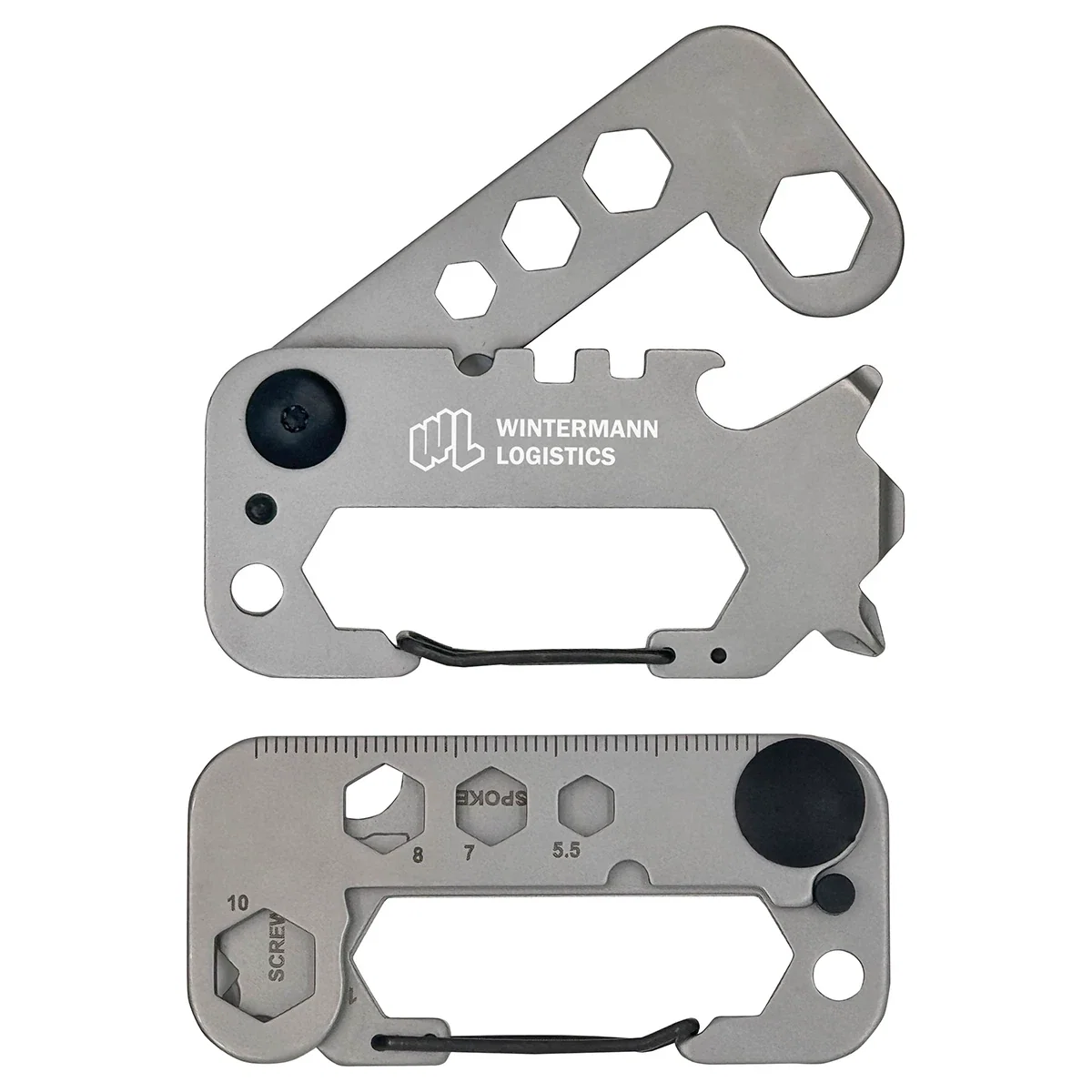 Custom Best Buddy Tools slim profile multi-tool carabiner, front and back view of the stainless steel tool