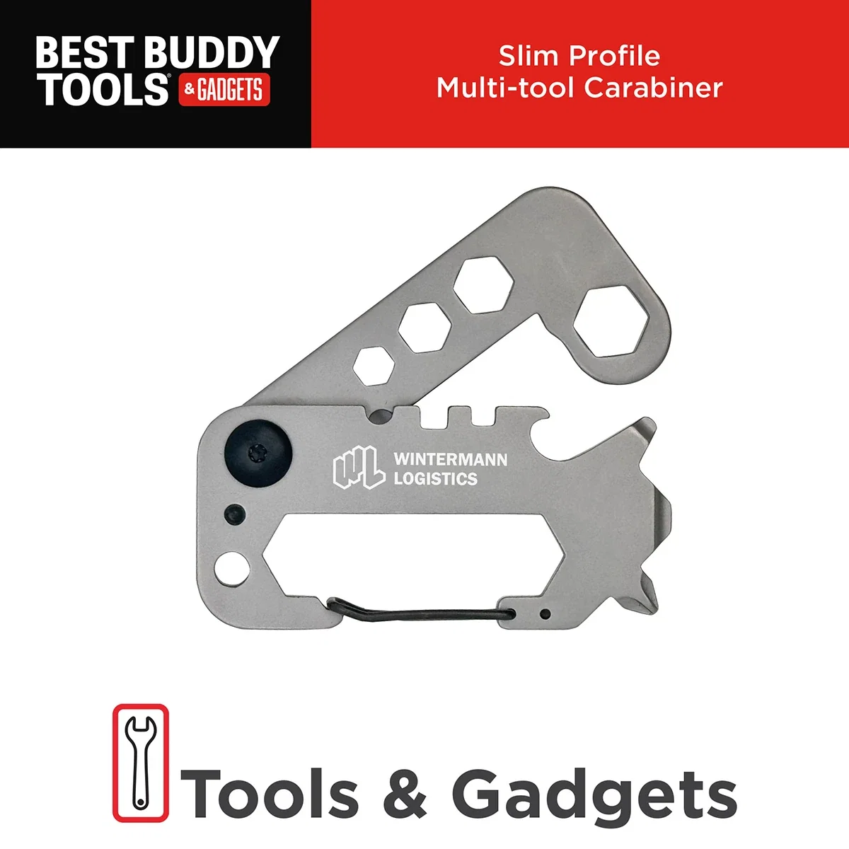 Best Buddy Tools slim profile multi-tool carabiner shown beneath its product name title card