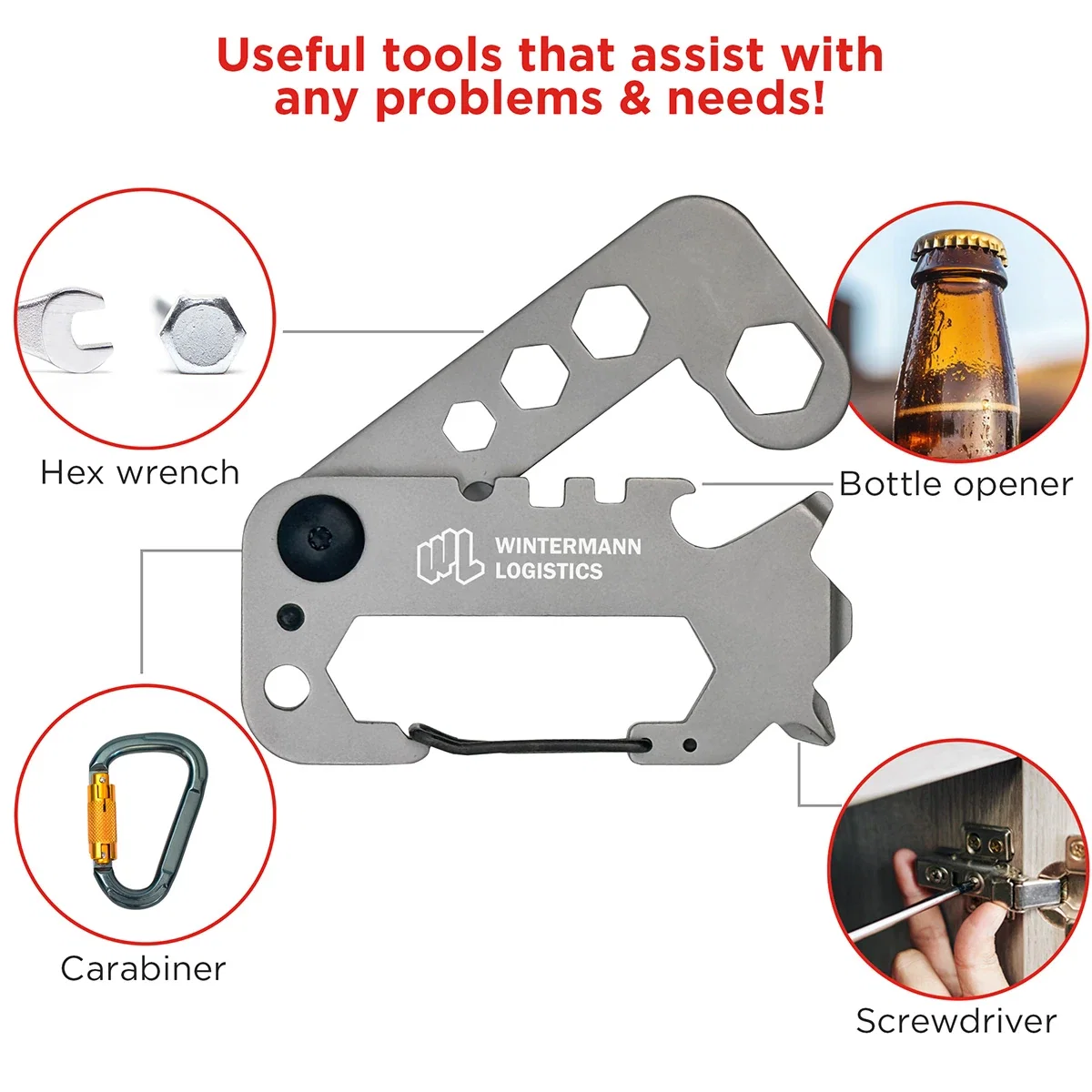Best Buddy Tools carabiner use-case graphic showing the hex wrench, bottle opener, and screwdriver features in action