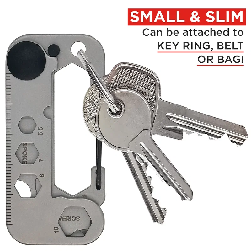 Best Buddy Tools slim carabiner attached to a set of keys on a key ring, in-use shot