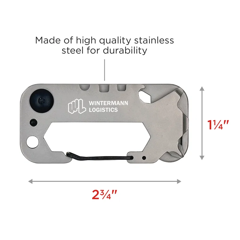 Best Buddy Tools carabiner dimensions diagram showing the 2¾ by 1¼ inch stainless steel tool