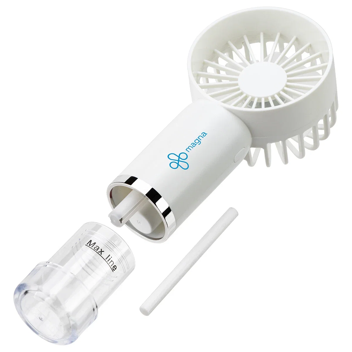 Close-up of the Spritz misting fan's nozzle and water reservoir