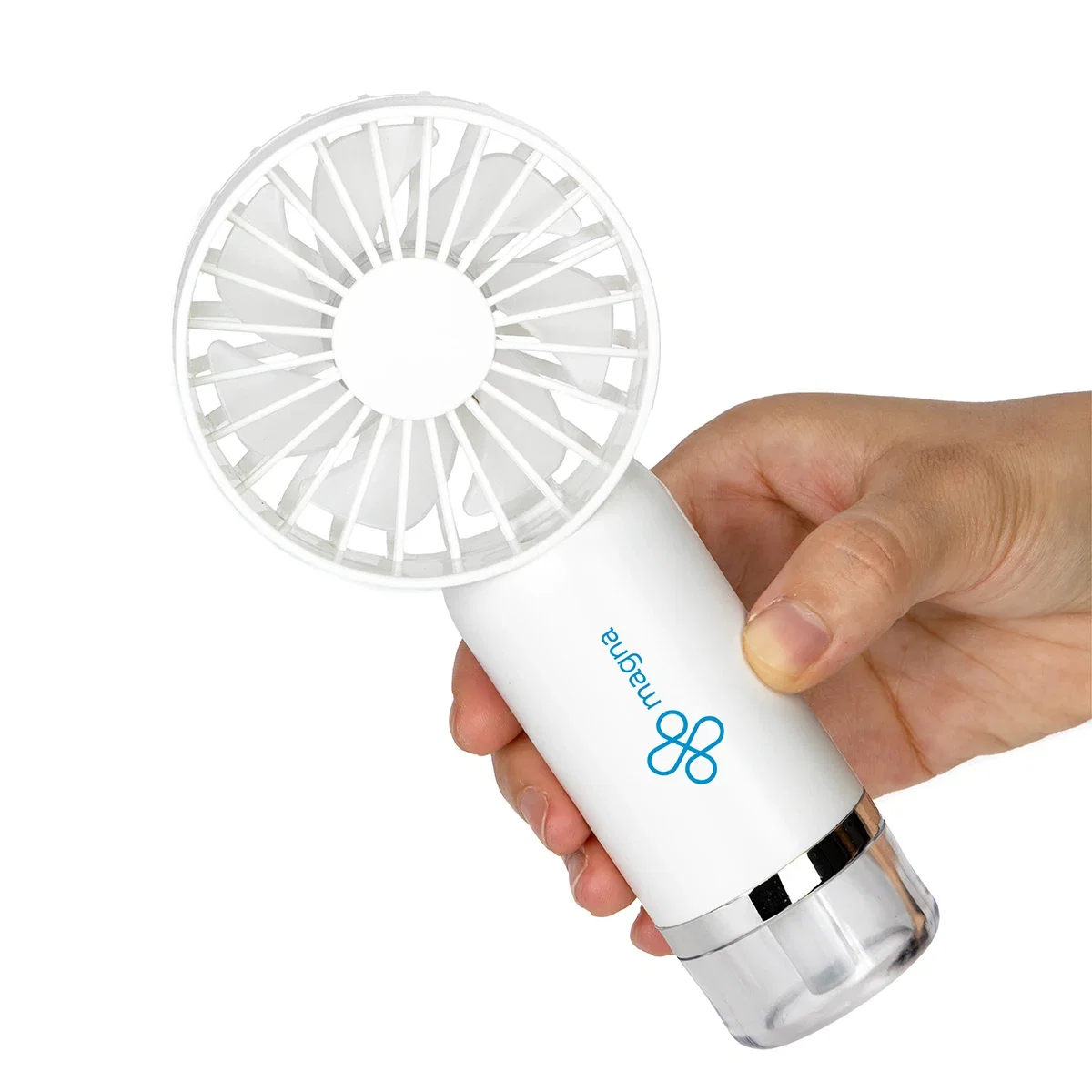 Angled view of the custom Best Buddy Tools Spritz handheld fan