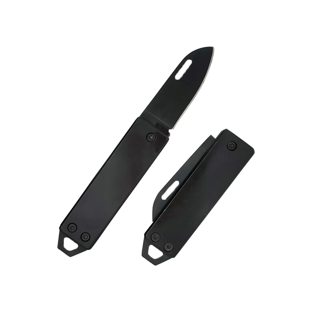 Custom Best Buddy Tools stainless steel key chain pocket knife shown both open and folded, front view