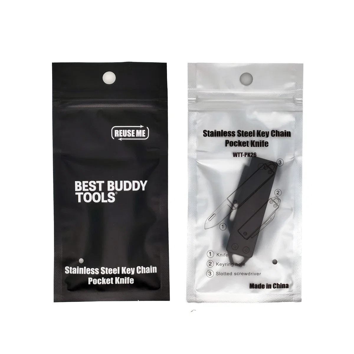 Retail packaging for the Best Buddy Tools stainless steel key chain pocket knife, front and back of the resealable bag