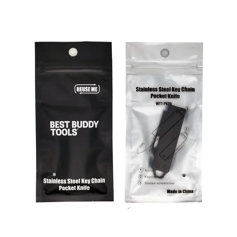 Retail packaging for the Best Buddy Tools stainless steel key chain pocket knife, front and back of the resealable bag